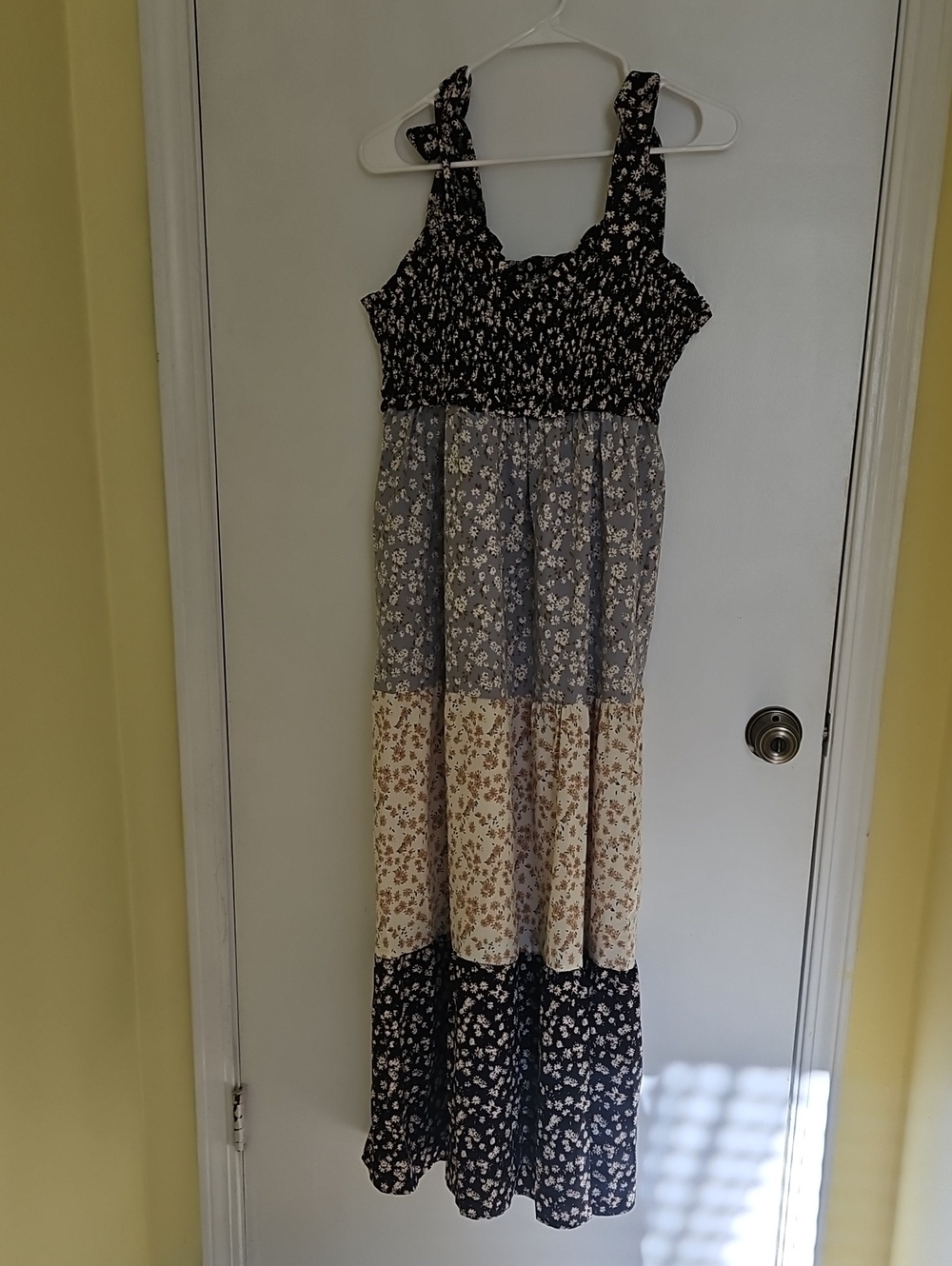 Tiered Floral Maxi Dress in Blue, Gray & Cream